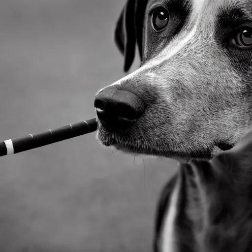 Prompt: a high detail closeup photograph of a dog smoking a cigarrette🚬, award wining photograph