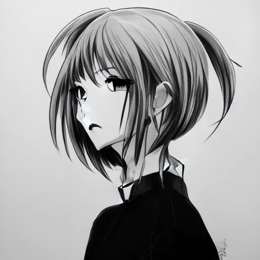 anime girl portrait profile, black and white sketch,, Stable Diffusion
