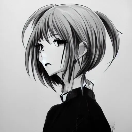 anime girl portrait profile, black and white sketch