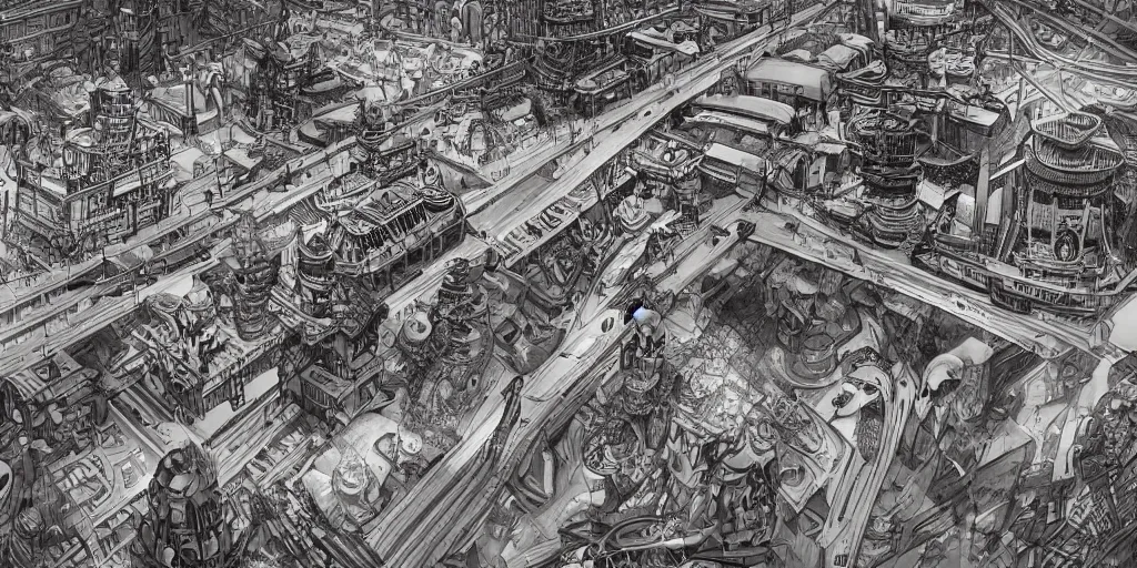 Image similar to cinematic still of hyper detailed street leve view realistic afro steampunk city designed by frank lloyd wright architect, helicopters, deep perspective, wide angle, insanely detailed and intricate,