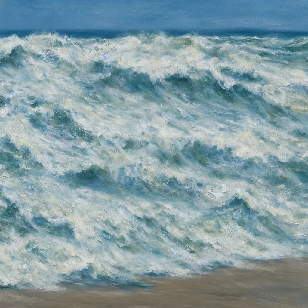 Image similar to beach scene with large waves crashing down, the water and waves and sea foam painted in very thick impasto