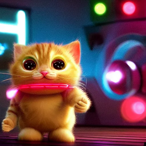 Image similar to a 3 d rendered movie of a cute robot ( ( kitten ) ). the robot has colorful led implants. polka dance contest in space. dramatic lighting. imax 7 0 mm. octane 3 d render, style of castaway ( film )