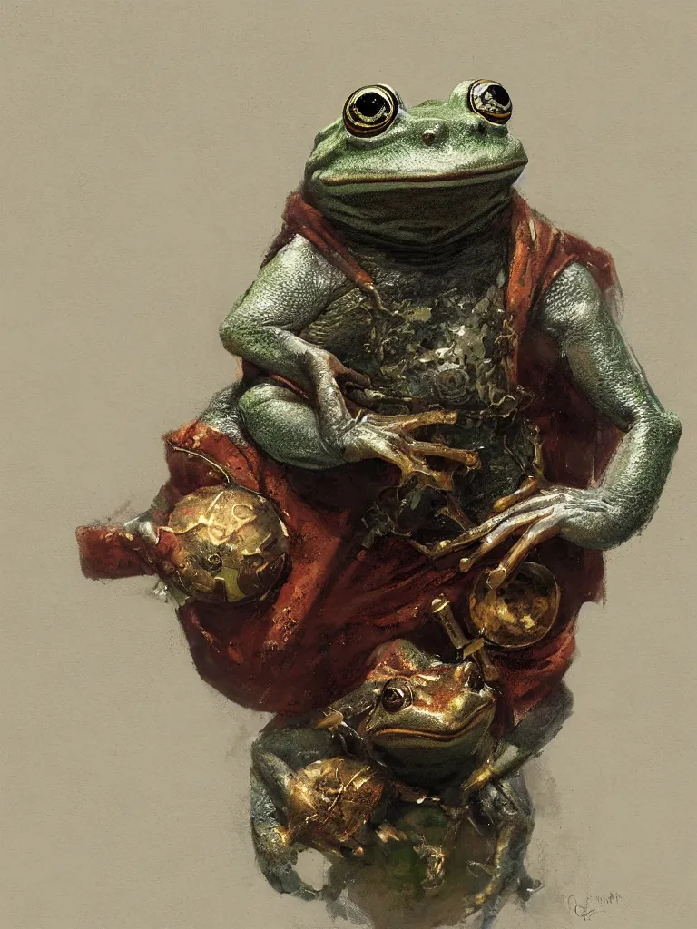 Image similar to Portrait of a medieval humanoid frog dressed like a wizard and carrying magic trinkets, painted by Craig Mullins, trending on ArtStation