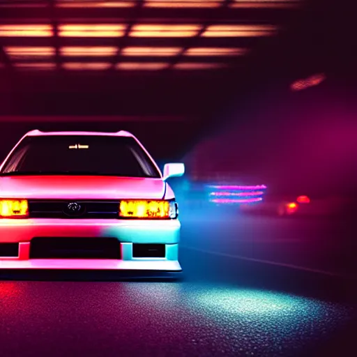 Image similar to a car Toyota Chaser twin-turbo at illegal car meet, Saitama prefecture, city sunset mist neon lights, cinematic color, photorealistic, highly detailed, 200MM