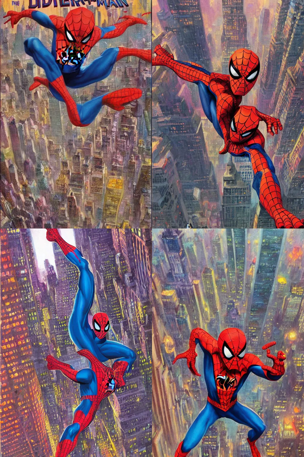 Prompt: Spider-Man swinging through New York city by Paul Lehr and Arthur Adams