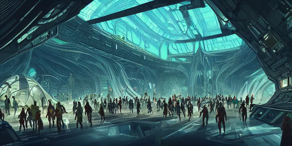 Image similar to cel shaded cinematic shot of the interior of a sci-fi space station with ornate Elven architecture bustling with people, epic castle, emerald, crystalline, detailed illustration, sharp focus, concept art