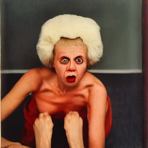 Prompt: high quality high detail photograph by diane arbus, hd, odd people acting crazy, intense, photorealistic lighting