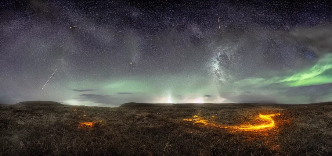 Image similar to A meteor shower illuminating a dark night sky, UFOs are flying around in the atmosphere, highly detailed, digital photo, HDRI, by christopher bretz and kael ngu, vivid colors, high contrast, 8k resolution, intricate, photorealistic, smooth, psychedelic color scheme,