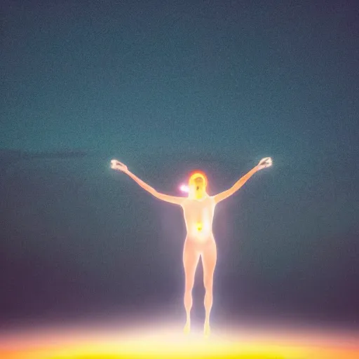 Image similar to a human glowing with bright white light, floating in the space