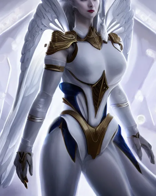 Image similar to perfect white haired attractive egyptian goddess with huge white dove wings, warframe armor, beautiful, symmetric, dreamy, half asian, pretty face, blue eyes, detailed, scifi platform, laboratory, charlize theron, 4 k, ultra realistic, epic lighting, android body, illuminated, cinematic, masterpiece, art by akihito tsukushi, voidstar