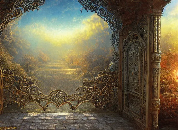 Image similar to large rustic intricately decorated cast iron gate, a view to an eerie fantasy world, golden glowing sphere, ethereal back light, mist, coherent composition, detailed fantasy painting by noriyoshi ohrai, yuumei