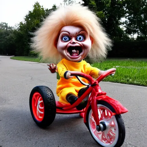 Image similar to cute screaming chucky doll riding a tricycle