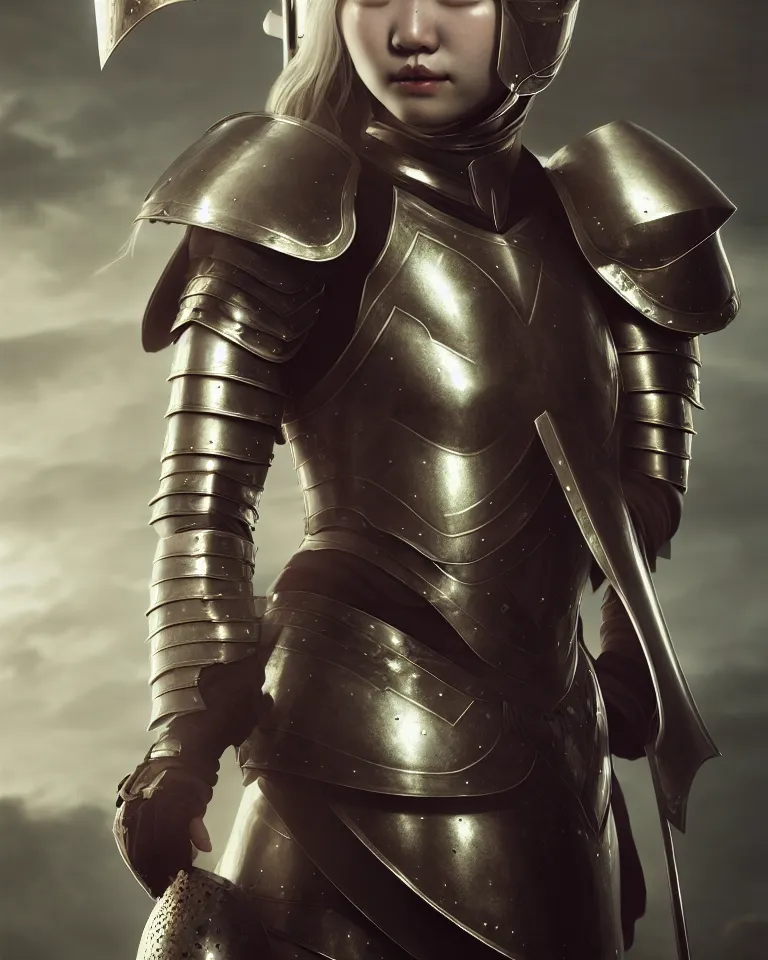 Image similar to epic portrait of female brianne yi in plate armour by cleavanger and elvgren epic awesome gorgeous symmetrical perfect octane vfx maya render realistic