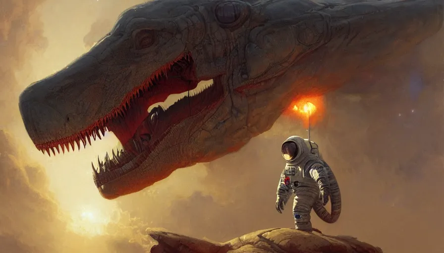 Image similar to tyrannosaurus dressed as an astronaut preparing to fly into space, illustrated by Greg Rutkowski and Gaston Bussiere, 8k