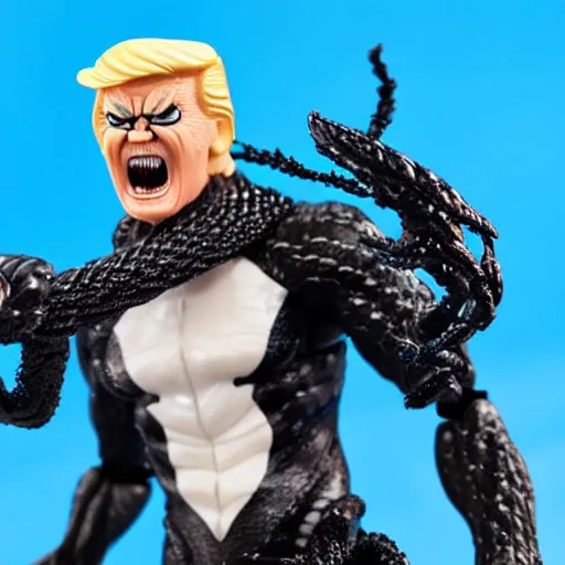 Prompt: action figure of Trump as Venom and shooting black web lines out of hair by Hasbro