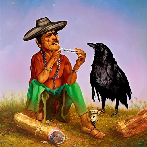 Prompt: elderly Indian Don Juan is sitting in a field with peyote and smoking a pipe , a raven walks next to him