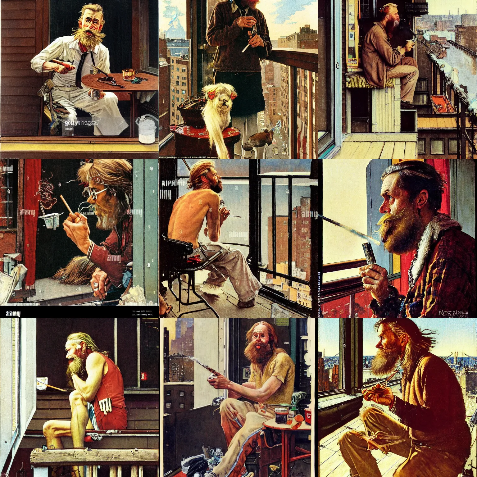 Prompt: norman rockwell portrait of a nordic man with long blonde hair and a (shaggy) beard smoking a joint on a balcony in New York City, Norwegian Man