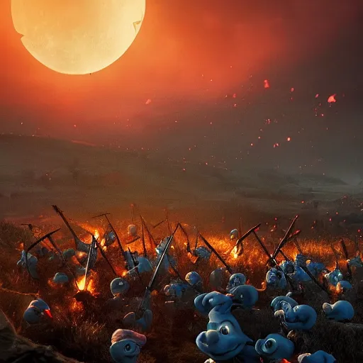 Prompt: epic battlefield of thousands of smurfs with medieval weapons battling, red moon shining golden red light hidden behind clouds, miniaturecore, supremely digital, medieval, unreal engine, super detailed, outstanding detail, dreamlike lighting, god rays