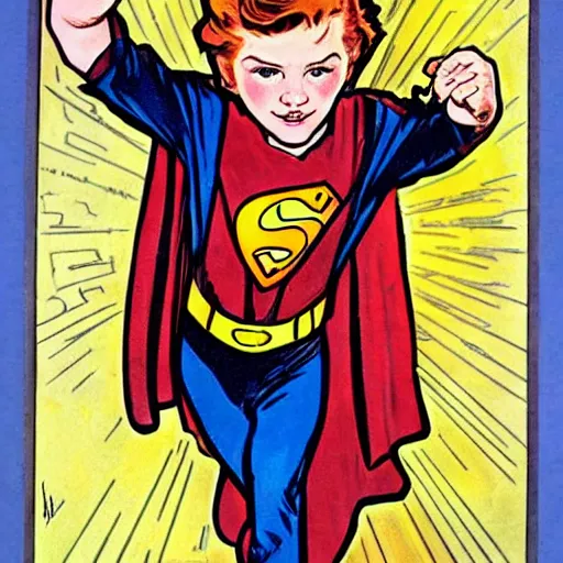 Prompt: a little boy with a mischievous face and ginger hair. he is dressed as a superhero. well composed, clean elegant painting, beautiful detailed face. comic book art by steve ditko and jack kirby and ( alphonse mucha )