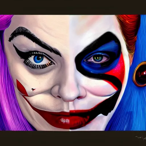 Image similar to Margot Robbie as Harley Quinn, kissing the joker, highly detailed, digital painting, artstation, concept art, smooth, sharp focus, illustration, art by jeff koons C 10.0