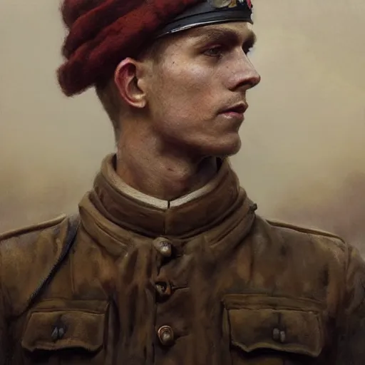 Prompt: a dramatic epic ethereal portrait of a WWI soldier, young male, detailed face, cinematic lighting, highly detailed oil on canvas painting by Greg Rutkowski, winning-award digital art trending on Artstation H 1024 W 832