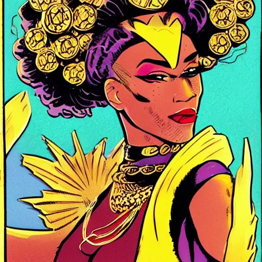 Prompt: afrofuturist woman with gold jewelry, retro comic art style