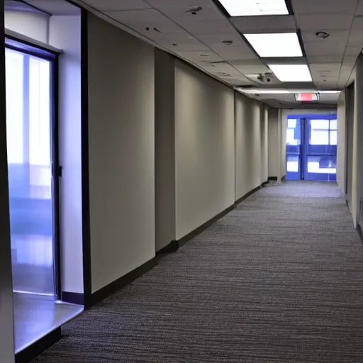 Prompt: an empty office hallway, dim, craigslist photo