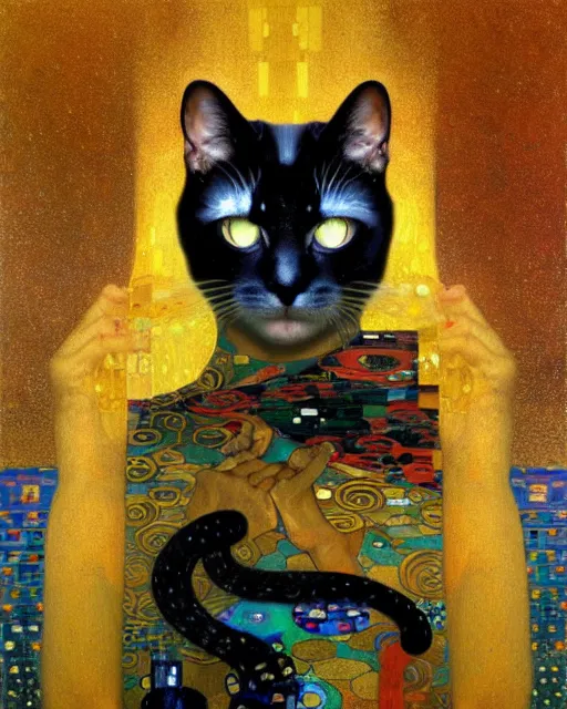 Prompt: burglar cat portrait an oil painting splashes with many colors and shapes by gustav klimt greg rutkowski and alphonse mucha, polycount, generative art, psychedelic, fractalism, glitch art