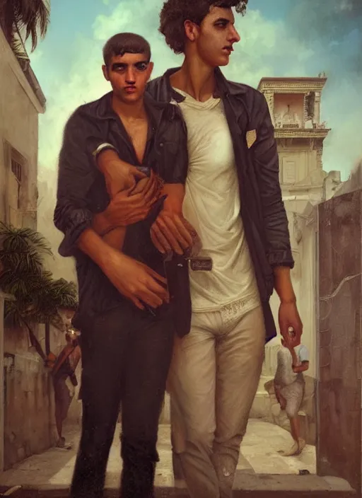 Image similar to portrait of a handsome young cuban buddies in old havana, by tom bagshaw and manuel sanjulian and greg rutkowski