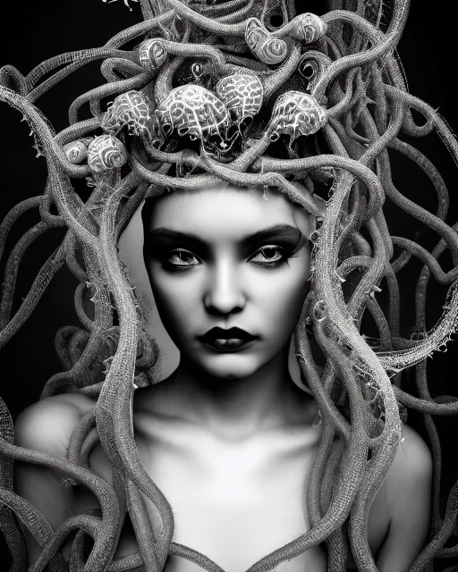 Prompt: surreal mythical dreamy artistic black and white fine art photo of a beautiful young female queen - medusa - vampire - cyborg covered with lace fish scales and translucent algae, highly detailed, intricate crystal ivy lace jelly fish scales ornate, poetic, octane render, 8 k, photo - realistic