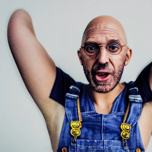 Image similar to portrait photo of a yellow - skinned bald wrinkly man with stubble and big eyes, he wears blue overalls no shirt, he looks like a human minion, moody cinematic lighting, realistic facial features, hyper detailed, crisp image, leica, 2 4 mm lens