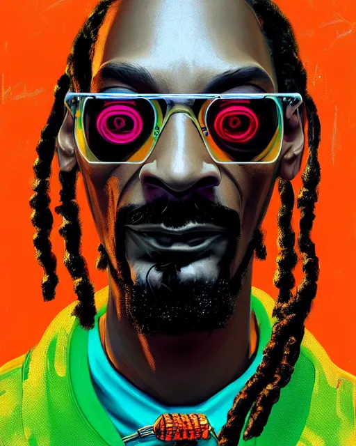 Image similar to detailed full body portrait of snoop dogg, cyberpunk futuristic neon, orange reflective puffy coat, decorated with traditional Japanese ornaments by Ismail inceoglu dragan bibin hans thoma greg rutkowski Alexandros Pyromallis Nekro Rene Maritte Illustrated, Perfect face, fine details, realistic shaded, fine-face, pretty face