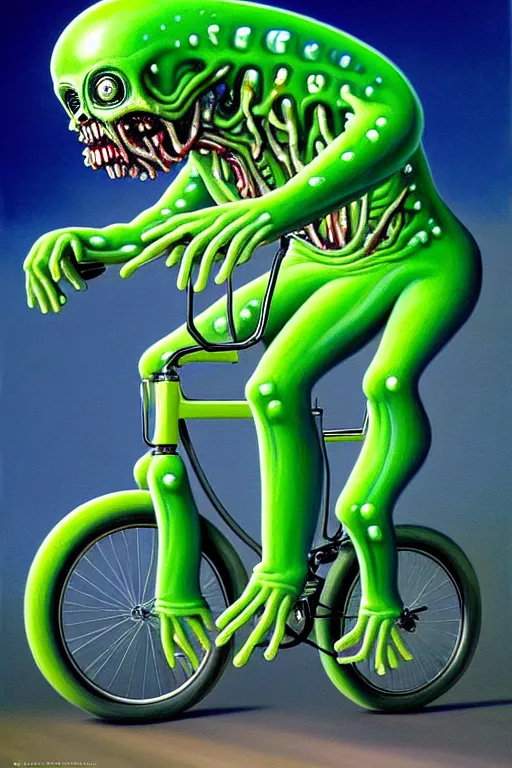 Image similar to a hyperrealistic painting of a translucent jelly zombie creature riding a bicycle through a suburban neighborhood on a sunny day, by chris cunningham and richard corben, highly detailed, vivid color,