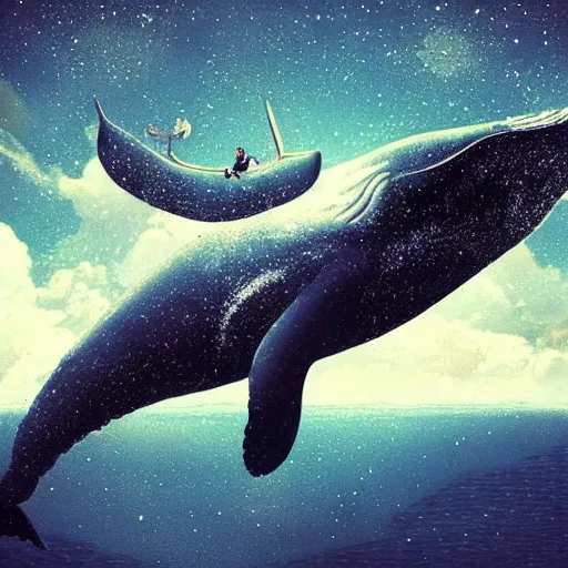 Image similar to astronaut riding on top of floating whale, in undiscovered place, space, exploration, science fiction, fine details, beautiful sky, infinite view, neo