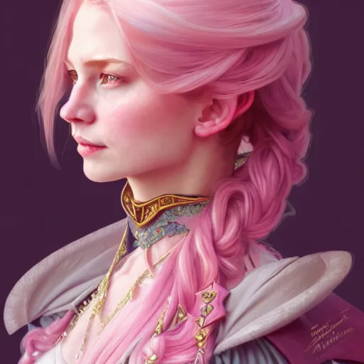 Prompt: aristocrat, subtle smile, female, d & d, fantasy, intricate, elegant, highly detailed, long pink hair, digital painting, artstation, octane render, concept art, matte, sharp focus, illustration, hearthstone, art by artgerm, alphonse mucha johannes voss