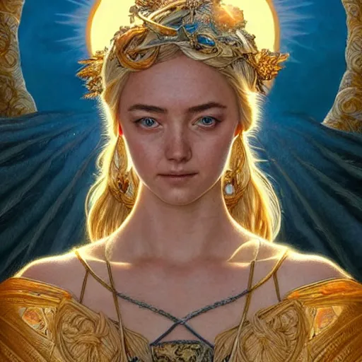 Image similar to portrait of the goddess of the sun who looks like Ana de Armas and Saoirse Ronan, D&D, fantasy, intricate, elegant, highly detailed, digital painting, artstation, smooth, sharp focus, illustration, art by artgerm and Michael Whelan and alphonse mucha