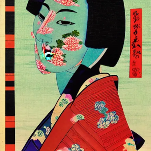 Image similar to a collage of asian art with a woman in a kimono, an album cover by tadanori yokoo, behance, neo - dada, surrealist, glitch art, ukiyo - e