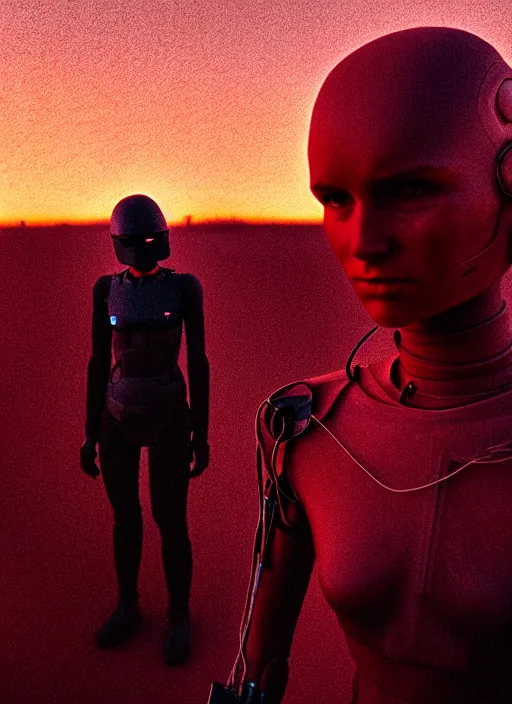 Image similar to cinestill 5 0 d candid photographic portrait by steve mccurry of loving female androids wearing rugged black mesh techwear on a desolate plain with a red sky, extreme closeup, modern cyberpunk, dust storm, 8 k, hd, high resolution, 3 5 mm, f / 3 2, ultra realistic faces, ex machina