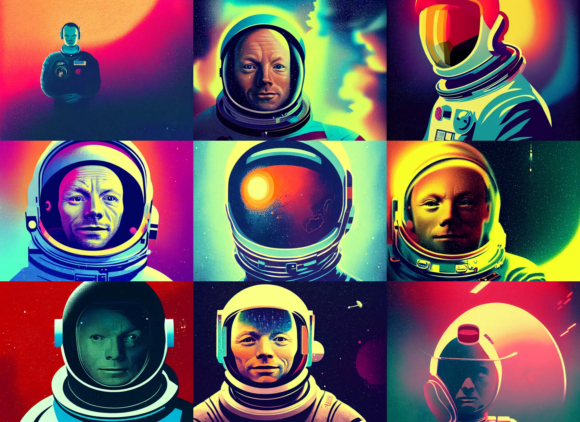 Prompt: portrait of astronaut neil armstrong, colorful, modern art deco, mads berg, karolis strautniekas, christopher balaskas, stippled light, moody, fine texture, editorial illustration, dramatic lighting, dynamic composition, detailed, matte print, dynamic perspective, muted color, ( ( victo ngai ) ), wide angle