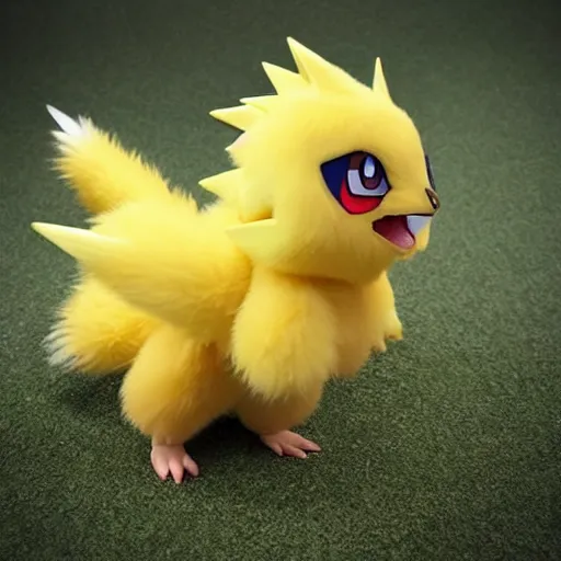 Image similar to real life pokemon, generation 1, zapdos, cute!!!, content!!!, mischievous!!!, adorable!!!, fluffy!!!, ultra realistic!!!, golden hour, sharp focus