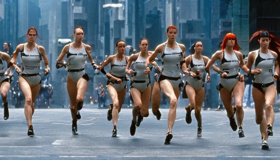 Prompt: The matrix, LeeLoo, Starship Troopers, Clarice Starling, Rey, Sprinters in a race with a clear winner, The Olympics footage, intense moment, cinematic stillframe, shot by Roger Deakins, The fifth element, vintage robotics, formula 1, starring Geena Davis, sports photography, clean lighting