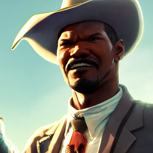 Image similar to old jamie foxx as a cowboy, single subject, scenic full shot, ambient lighting, detailed face, by makoto shinkai, stanley artgerm lau, wlop, rossdraws