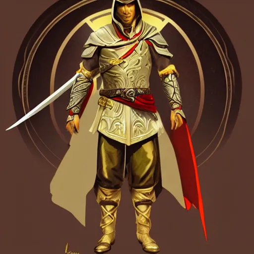 Image similar to an ultra detailed vector image of ezio auditore dressed as solaire of astora, concept art by alphonse mucha and greg rutkowski, praise the blood moon, octane render, liminal space
