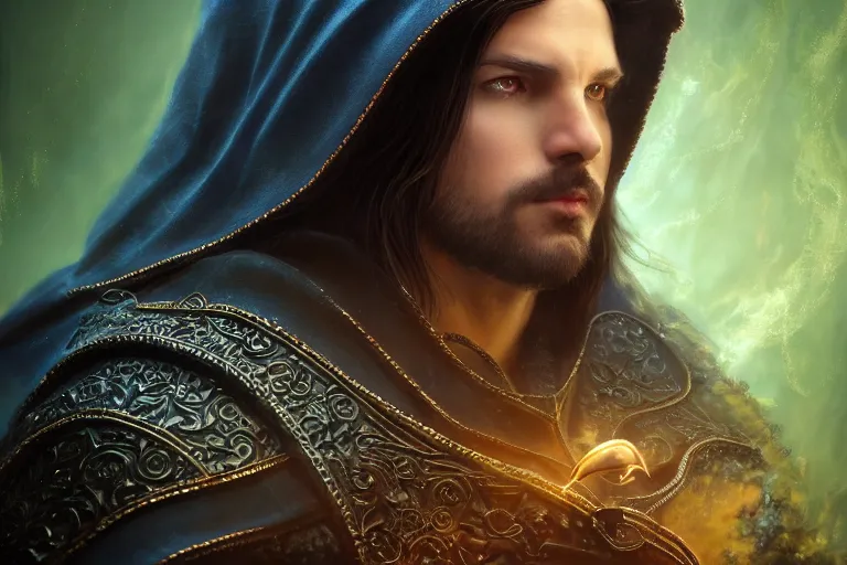 Prompt: ultrarealistic male mage face portrait running, long black hair blue eyes wearing bronze mantle gothic navy cloak with leather details, green plants, fantasy character portrait, octane render, extreme intricate details, elegant, cinematic lighting, volumetric lighting, artstation, dnd art, cgsociety, sharp focus, beautiful digital painting by artgerm, gerald brom, wlop, alphonse mucha