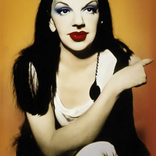 Image similar to photographic portrait of a hybrid of judy garland and cher aged 2 6, with a dark fringe, 8 k