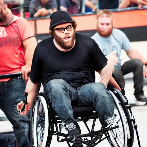 Prompt: seth rogan in a wheelchair at x - games magazine action photo