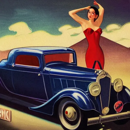 Prompt: 3 d fisheye, very low angle, wide angle, painting showing olivia munn driving exaggerated 1 9 3 0 s car with woman driving, shiny, aerodynamic, dramatic lighting, sultry, sensual, vargas, wlop, manara, mucha, moebius, elvgren