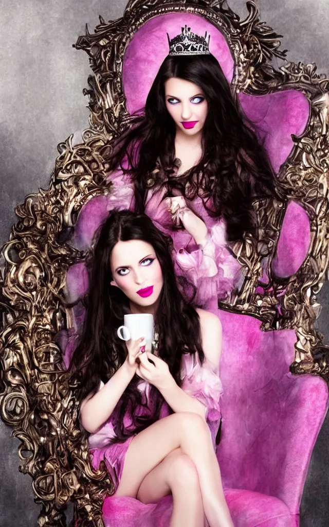 Image similar to beautiful young dark haired girl, with blue eyes, pink lips, dark eye shadow, lois royo style, dark princess of coffee, sitting on a throne drinking coffee.