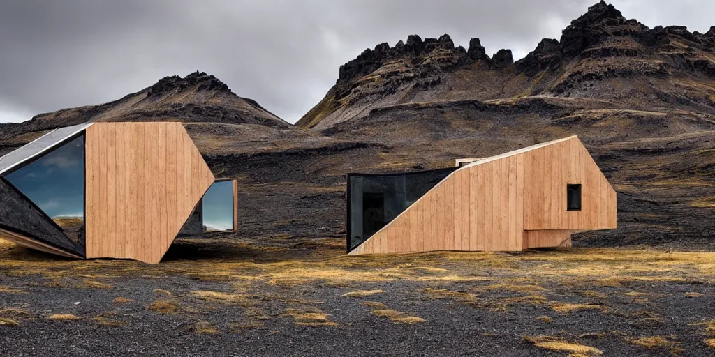 Image similar to futuristic architect house made from deconstucted wood and mirrors, iceland landscape photography, by lurie belegurschi and gunnar freyr