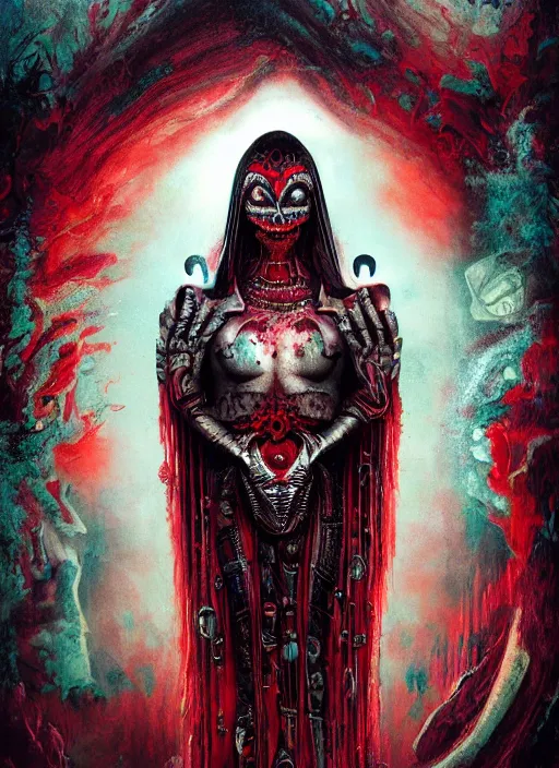 Image similar to queen of hearts, aztec god, alien, highly detailed, cinematic, 8 k, by megan duncanson, benjamin lacombe, adrian borda, stanley artgermm, tom bagshaw, craig mullins, carne griffiths, ayami kojima, beksinski, giger, trending on deviantart, hyper detailed, horror, full of colour